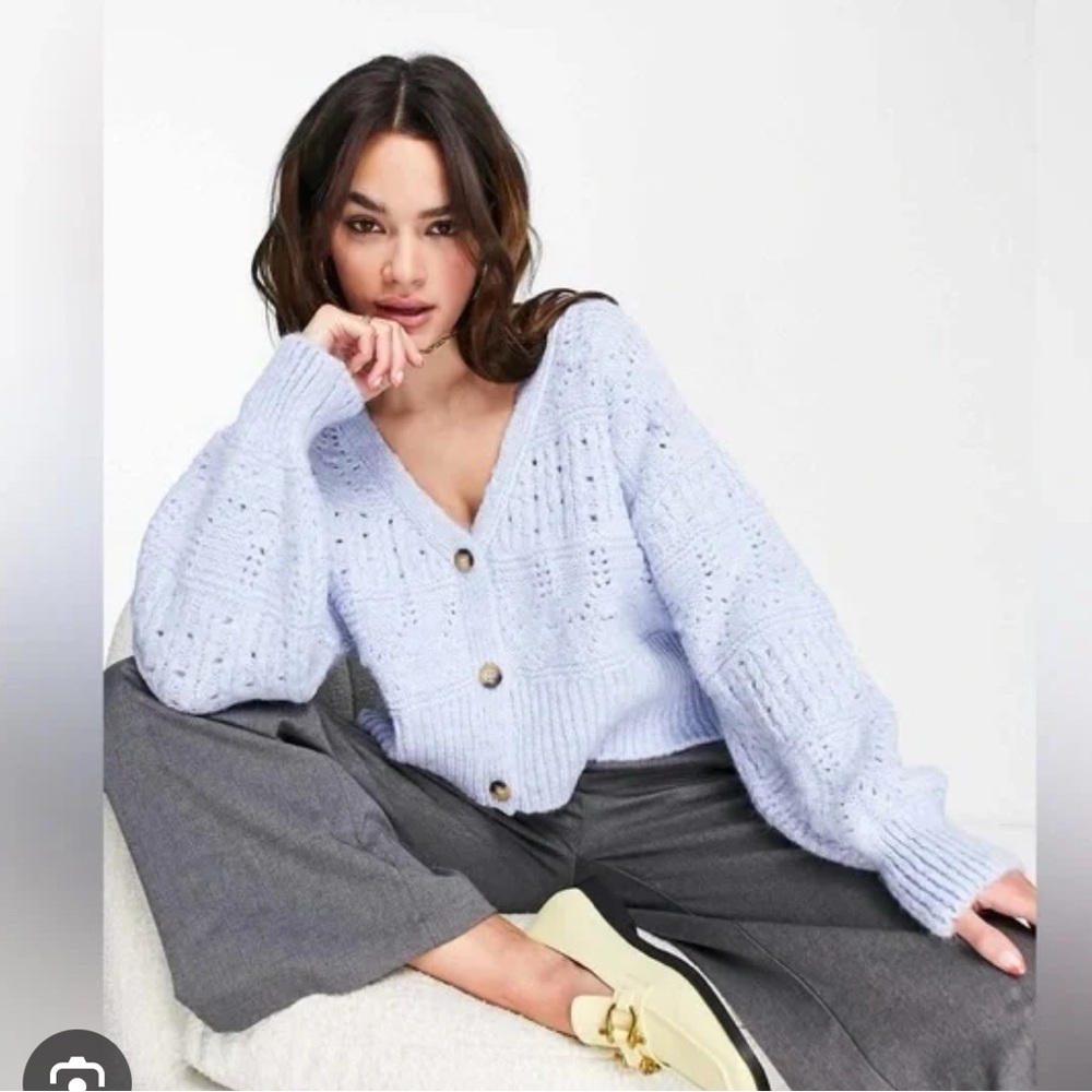 Top Shop Stitchy Cardi In Light Blue View 2